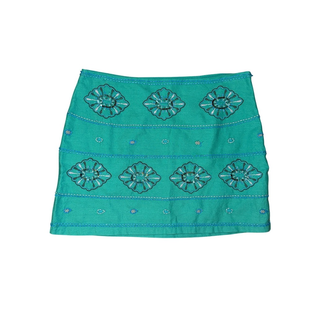 Zara Mini Skirt Womens‎ Medium Teal Green NEW Beaded Embroidered Floral Boho